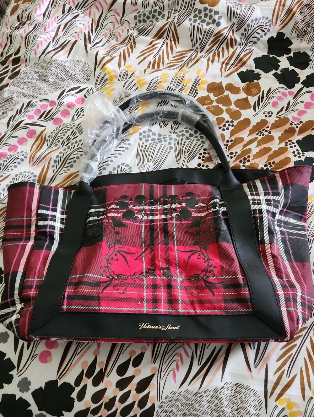 New Victoria's Secret Pink Plaid Tote with Black Trim